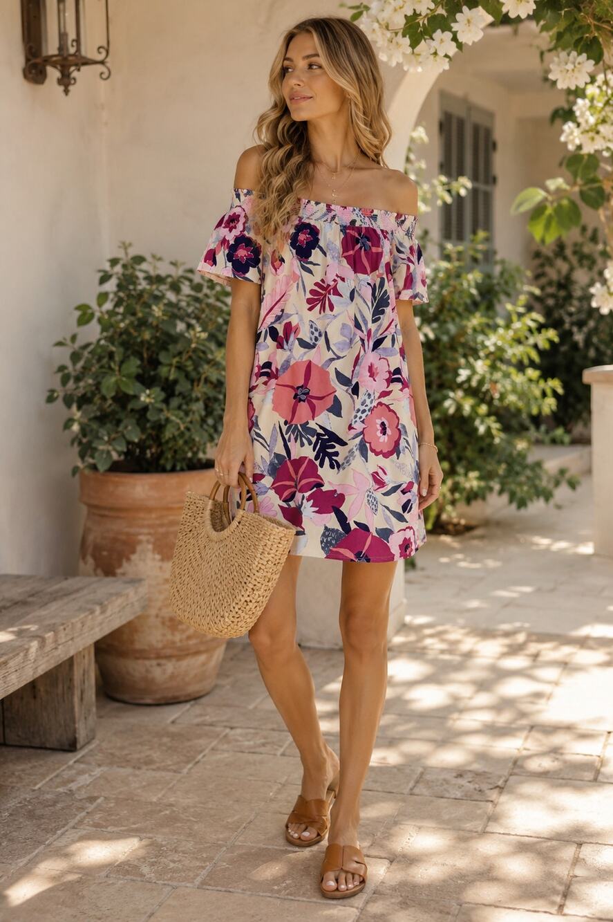 LOFT Outlet Cotton Floral Off Shoulder Shift Dress XS Cottagecore Summer